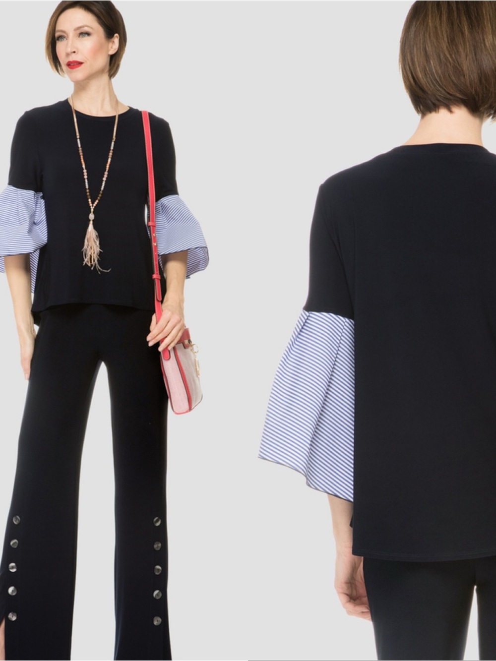 Joseph Ribkoff Navy Top with Striped Ruffle Sleeves